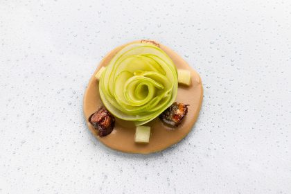 Flor de maçã verde, cubos da fruta e enguia japonesa em pedaços sobre creme de foie gras.
